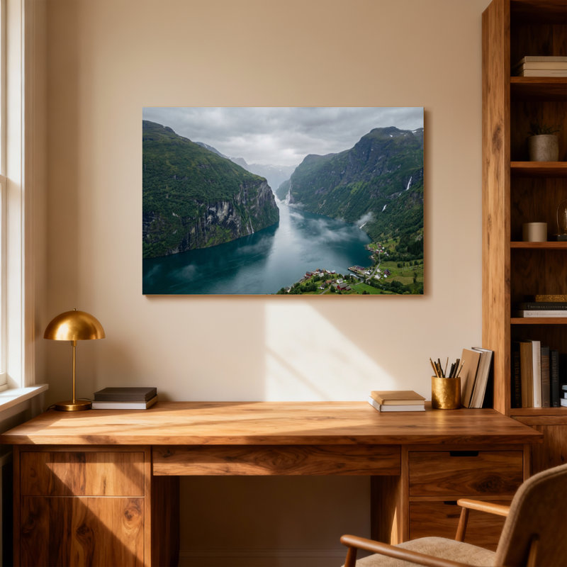 Paysage et nature Montagne Lake Valley Green Hills Cloudy Sky Village, H 24 po x l 36 po