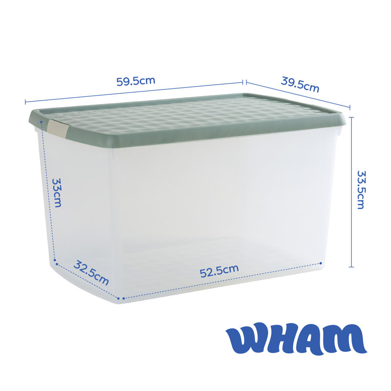 Wham Clip 62L Rectangular Plastic Storage Boxes with Secure Clip Lock Lids. L:59.5 x W:39.5 x H:33.5cm Clear/Stone/Slate Grey