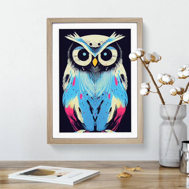 Paint Splashed Owl - Framed Print, 64cm H x 46cm W x 2cm D, Oak