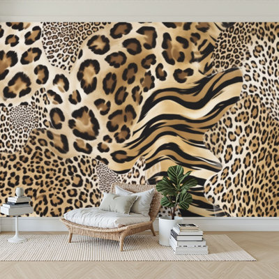 Wall Mural Peel and Stick Wallpaper Leopard zebra tiger mix furry skin seamless Self-Adhesive Removable Contact Paper Wall Decor for Living Room Bedroom 100"H x 144"W
