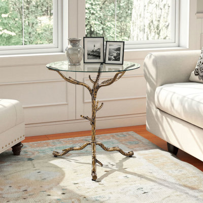 24.6" Round Glass Top Contemporary Side Table Modern Nightstand With Steel Frame