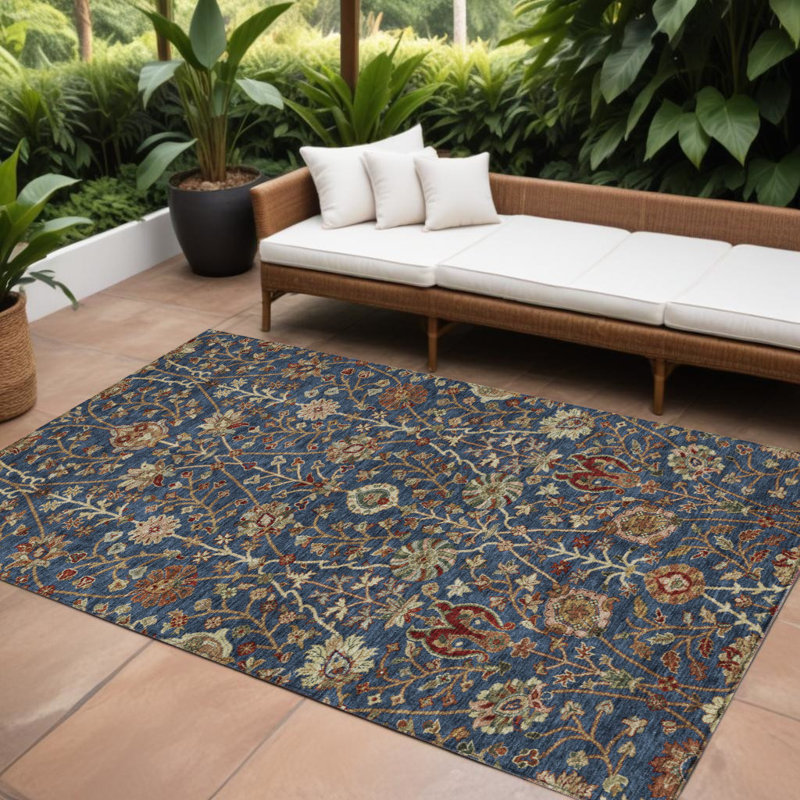 Tapis extérieur lavable floral 10 pi x 14 pi bleu marine, brun et rouge