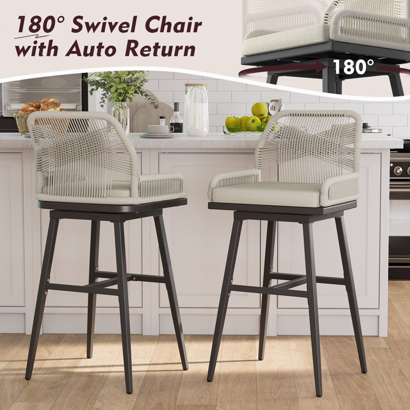 Bar Stools Set Of 2, Rattan Counter Height Bar Stools, Swivel Patio Barstools With Boho Woven Rope Back For Kitchen Patio Garden Cushions Included,