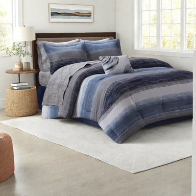 Premium 9-piece Cal King Bedding Set, Ultra-soft Microfiber, Navy Design For Modern Bedroom Style