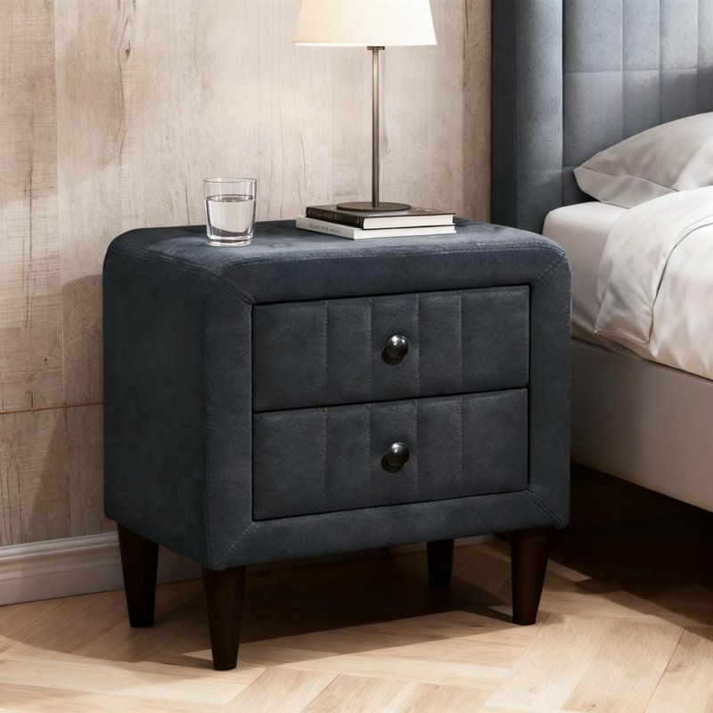 Charcoal Brushed Linen Nightstand With 2 Drawers | Stylish Bedroom Storage, Charcoal