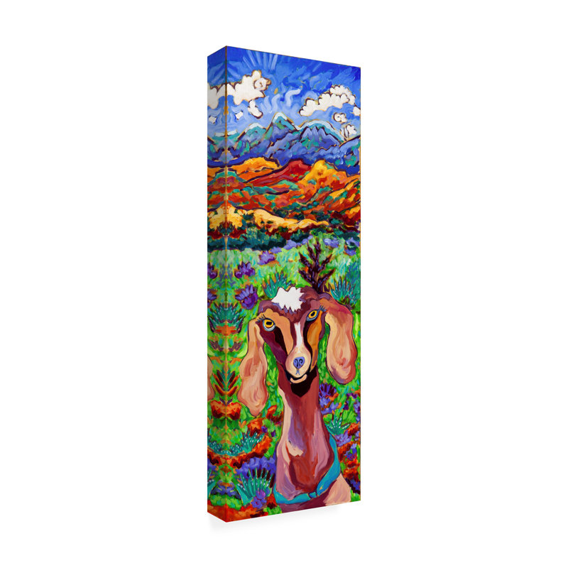 «Mountain High Goat» par Cathy Carey - peinture sur toile tendue, H 32 po x l 10 po x P 2 po