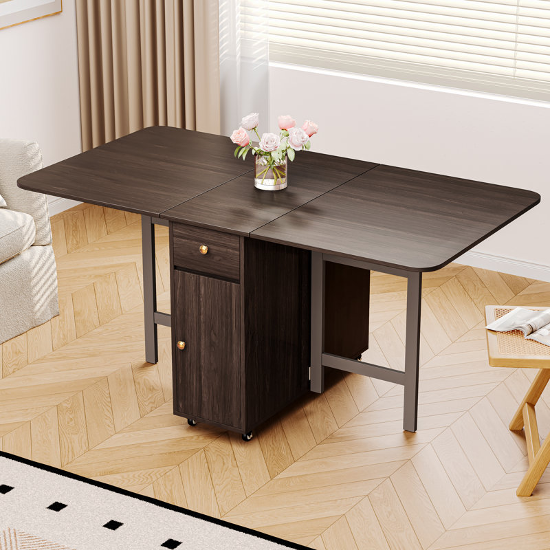 59'' Walnut Folding Table With Drop Leaves For Small Space, Rectangular Wooden Extendable Dining Table With Wheels And Storage