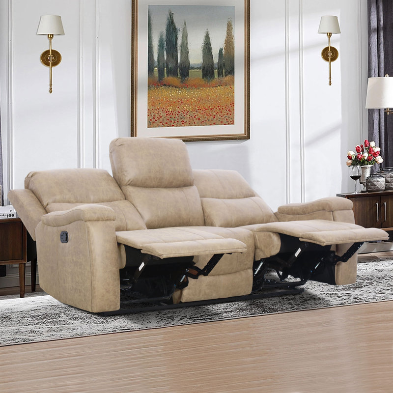 Ilkeston 81.6" Wide Vegan Leather Manual Reclining Sofa, 3-Seater Recliner Couch with Cup Holders