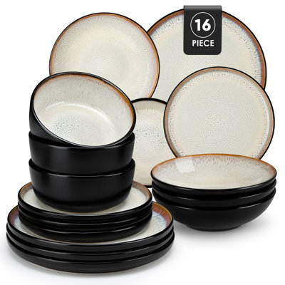 16 Pieces Dinnerware, Pocelain Round Plate, Dinner Plate, Dessert Plate, Soup Bowl And Bowl With Vertical Edge, Serve For 4 Person, Blue And Black