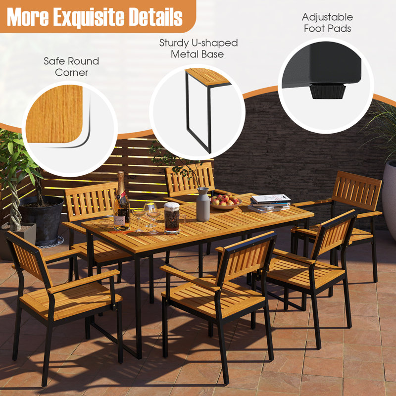 55” Patio Dining Table 6 People Acacia Wood Dining Table with Slatted Tabletop U-shaped Frame