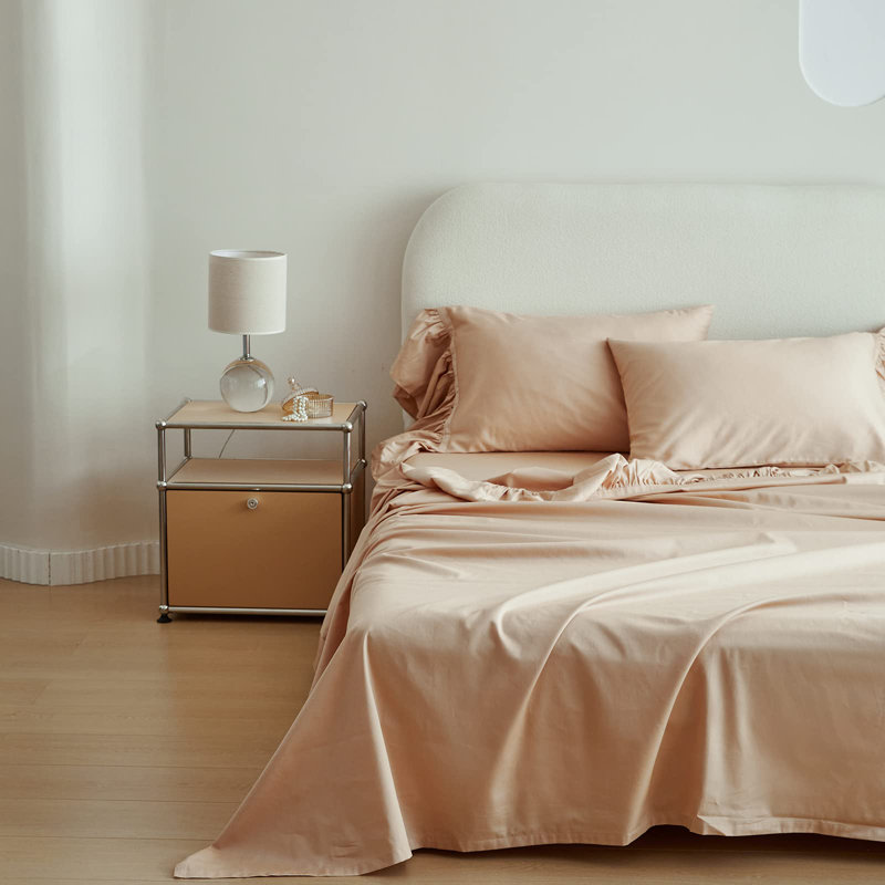 100% Cotton Sheet Set Ruffle Bed Sheets Soft French Country Vintage Bedding Set Aesthetic Farmhouse, Sand