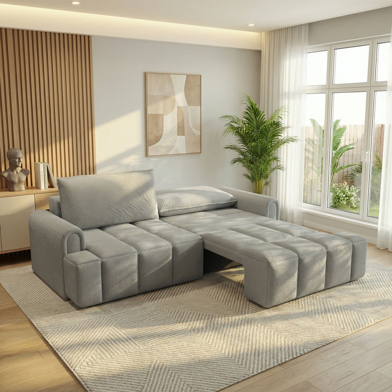 90"King Size 3-in-1 Convertible Sleeper Sofa Bed with Storage Chaise, Teddy Fabric, Gray
