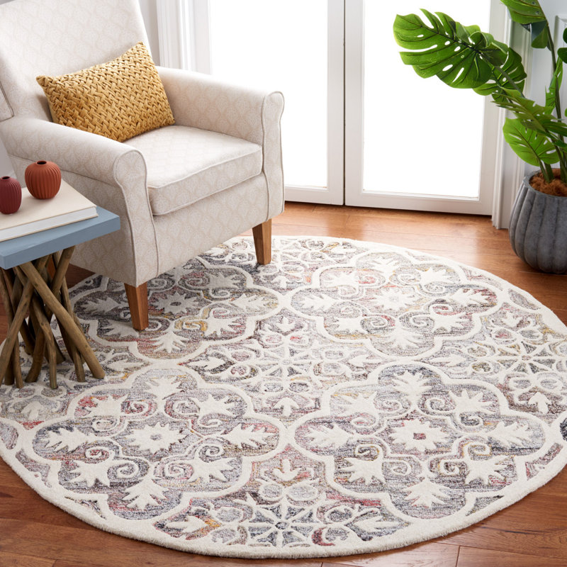 Tapis damassé en laine et en coton touffeté à la main Eliathas, Rond 6 pi