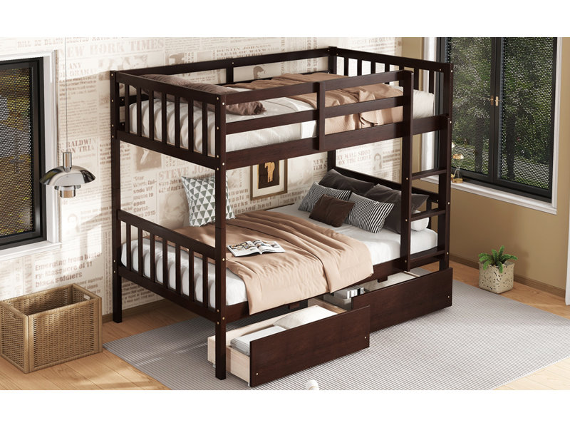 Lit superposé en bois d'hévéa avec tiroirs, échelle et garde-corps, Simple TG, Espresso