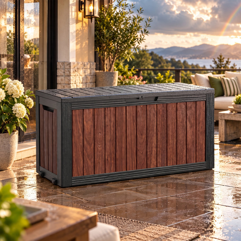 100 Gallon Weatherproof Walnut Deck Box with Wheels