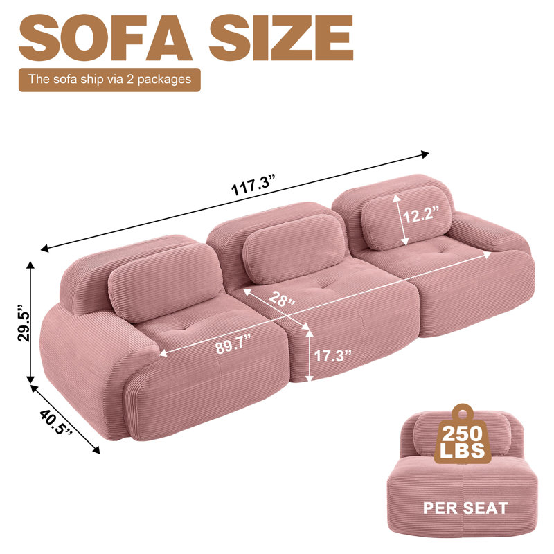 Canapé modulaire 118 po, siège profond 3 places, velours côtelé, rose, 118 po
