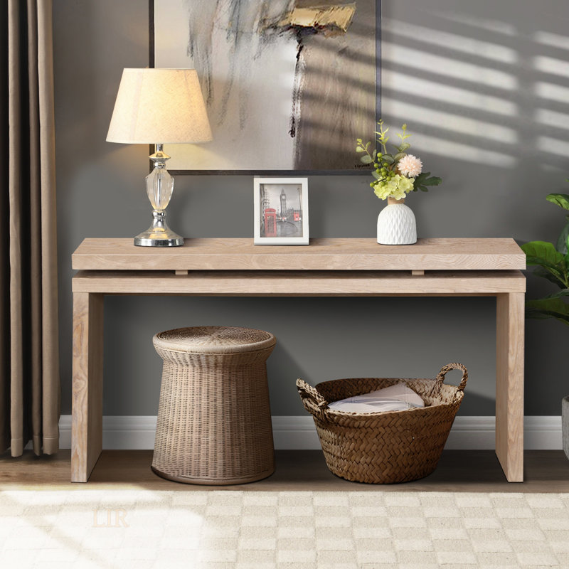 Console de style campagnard naturel antique de 60 po avec suspension à double planche pour espaces étroits, fabrication en bois massif durable et en panneau de fibres à densité moyenne
