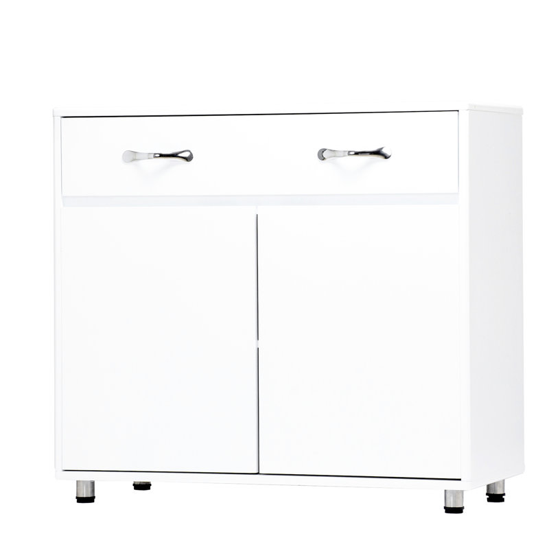 White Two Door Side Table: Functional Cabinet For Living, Entryway, Kitchen, Bedroom. Quality Painting & E1 Material. Simple Design With Fluent Lines. Assembly Required. Safe Legs Rubber Pad. Soft