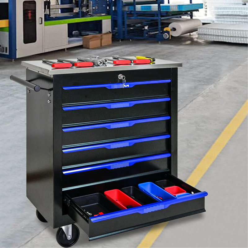 6 chariots à outils sur roulettes - noir + bleu, acier thermolaqué, tiroirs verrouillables à clé, comptoirs en acier lisse, atelier mobile à 6 tiroirs avec structure, verrouillable, comptoir, 2 freins