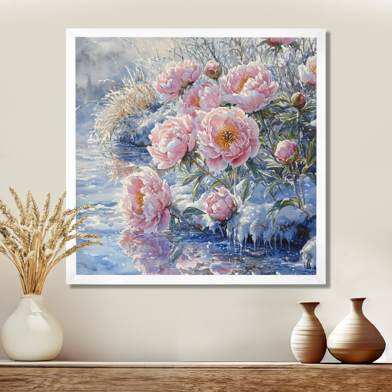 Pivoines par la rivière gelée II - pivoines, art mural, H 30 po x l 30 po, Picture Framed, Blanc