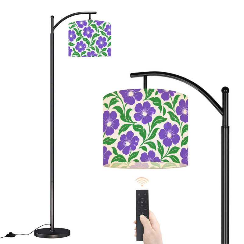  Lampe sur pied Arc Vibrant Fleurs mauves Feuilles vertes Grande lampe sur pied moderne DEL Abat-jour réglable en lin 3 températures de couleur