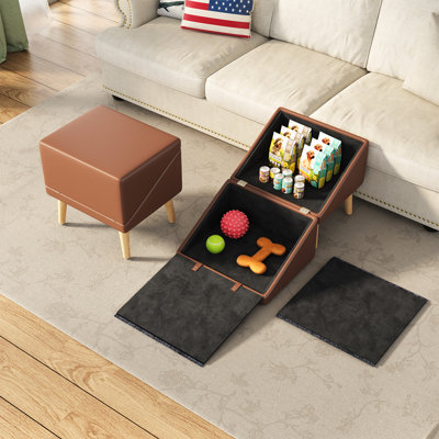3-in1Dog Ramp with Storage 18.89" L x 17.91" W x 20.08" H PVC and Wood 1 Piece Pet Stairs Brown Anti-Slip Carpet Hidden Storage Compartment 265 lbs Capacity