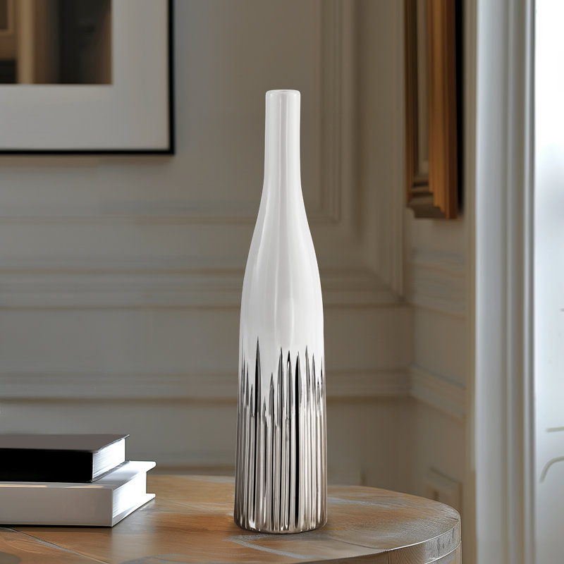 Solenne 16" Silver Ribbed White Ceramic Vase, 16 Inch