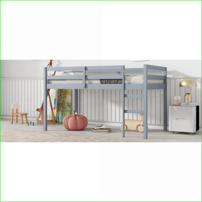 Twin Size Sturdy Rubber Wood Loft Bed with Ladder - No Box Spring, Reinforced Slats, Gray Bedroom Storage