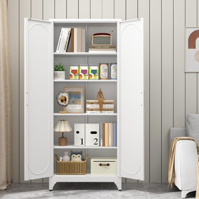 74.9" Tall Metal Pantry Cabinet with 2 doors and 4 shelves, White Kitchen Storage Cupboard for Bedroom/Dining Room/Living Room/Bathroom/Office，  15.7"D x 31.7"W x 74.9"H   