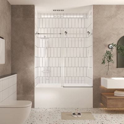 Frameless shower door 56-60 "W x 60" H, 1/4 "(6 mm) Clear Tempered Glass, Explosion Proof Film, Stainless Steel Handle,Brushed Nickel