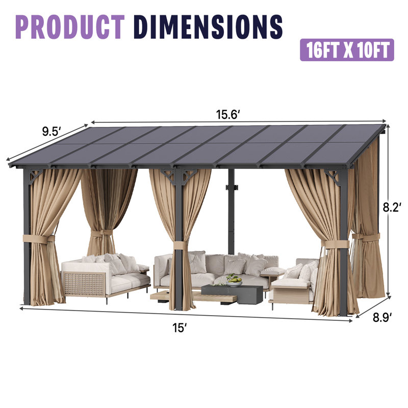 Pergola d'extérieur 16 pi x 10 pi avec rideaux en polycarbonate mural toutes saisons, 16 Ft. W x 10 Ft. D
