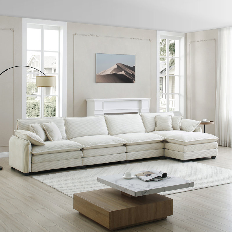 Kaoruko Corduroy Sofa Modern Upholstered 4 Seater With With 1 Footstool Corduroy Fabric Sofa , Office Living Room Apartment Comfort Sofa, Easy To Assemble With 2 Arm Pillows And 4 Throw Pillows