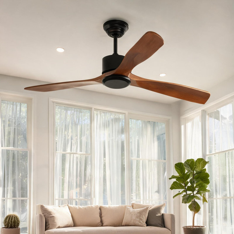 Ventilateur de plafond encastré naturel léger avec télécommande, idéal pour les espaces de vie, style maison de campagne, 52 pouces, sans lumière, 6 vitesses