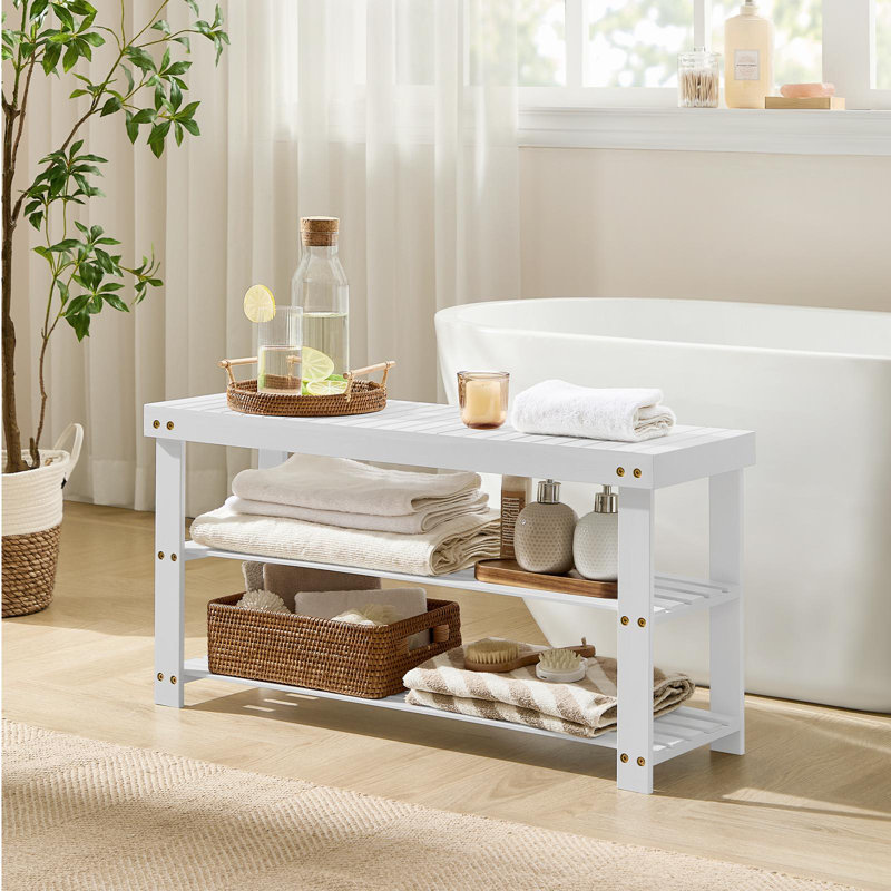 8 Pair Shoe Storage Bench, 3-Tier Bamboo Shoe Rack Bench, Cloud White