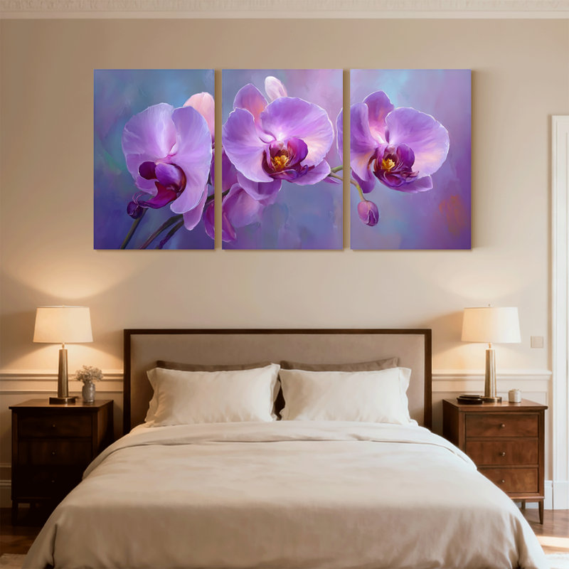 Plantes et fleurs, orchidée mauve, ensemble de 3 reproductions d'art sur toile, H 18 po x l 36 po