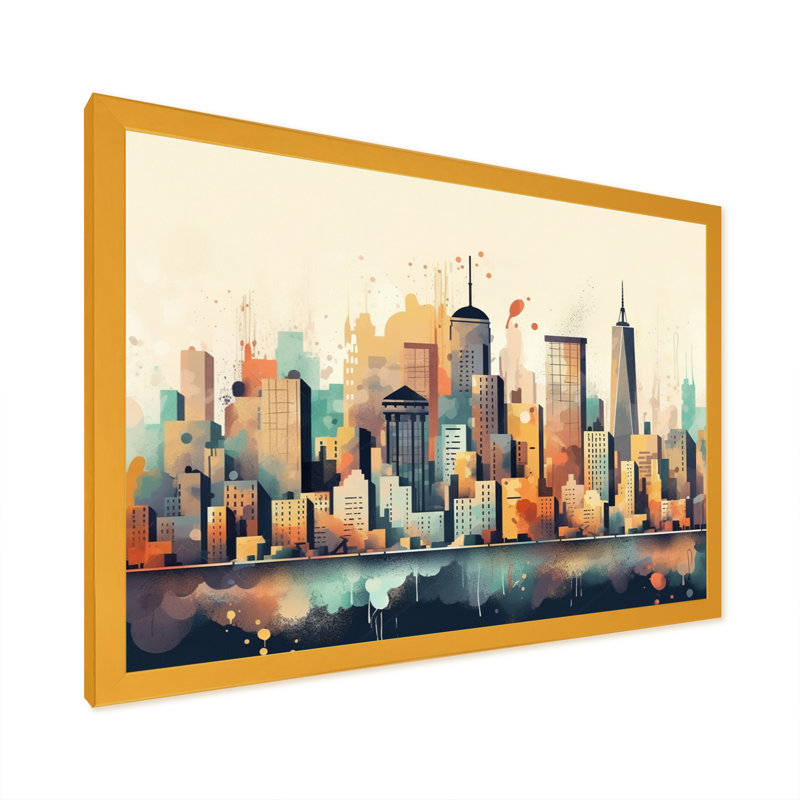 Colorful City Skyline2 - salon d'art mural urbain, H 34 po x l 44 po x P 1,5 po, Impression dorée sur toile encadrée