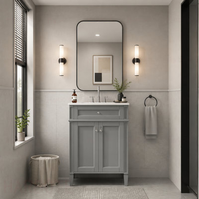 Meuble-lavabo de salle de bain avec 2 portes et tiroir coulissant, armoire de rangement de salle de bain avec lavabo, portes à fermeture en douceur avec organisateurs