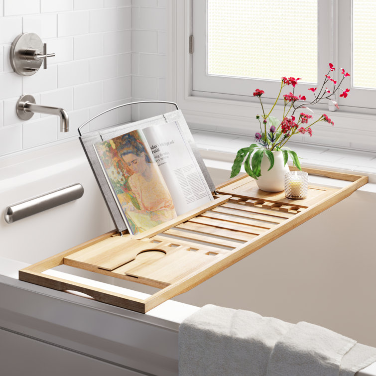 JumblWare Bamboo Bathtub Caddy, 43 x 9.8 x 1 Wooden Bath Tray with  Handles & Extendable Sides