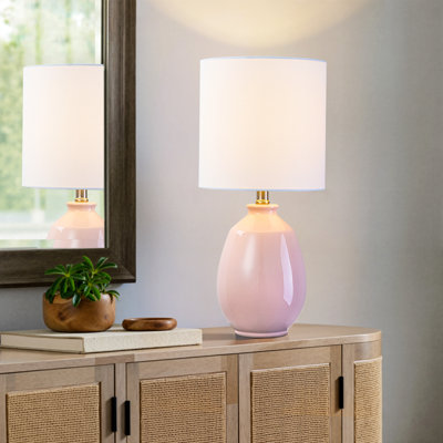 19in. Pink Ceramic Table Lamp With White Linen Shade And Brushed Nickel Lamp Neck
