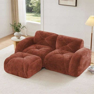 Canapé en L sans os, tissu de velours doux, conception capitonnée, éponge haute densité 32D, aucun assemblage requis, conception ergonomique, conception antidérapante inférieure, repose-pieds mobile pour les chambres à coucher, brun rouge