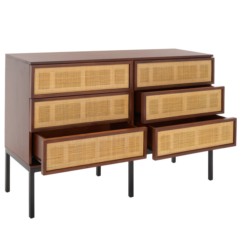 Commode 6 tiroirs Prudhoe, Noir / noyer avec rotin naturel