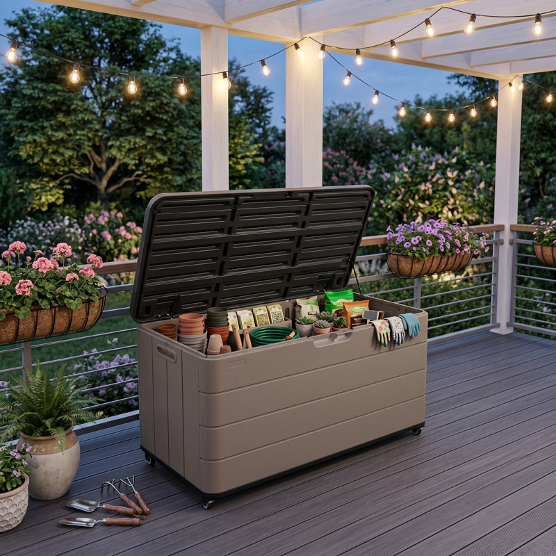 46" W X 24" H -110 Gallon Outdoor Waterproof Plastic(HDPE) Storage Deck Box With Wheels,Coffee, Coffee