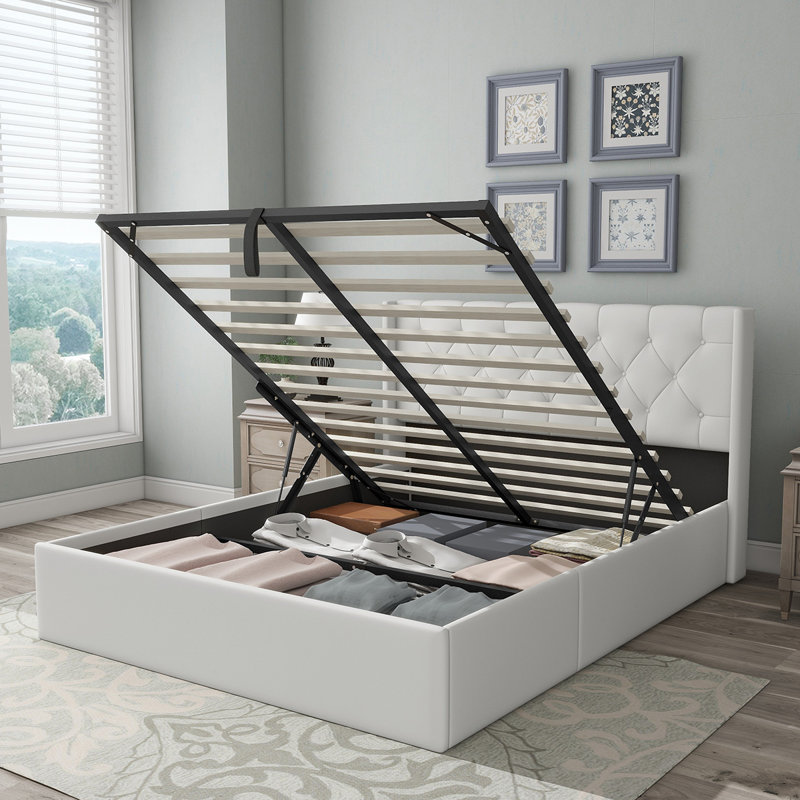 Raania Hydraulic Lift Up Storage  Upholstered Wingback Bed , Black, Queen