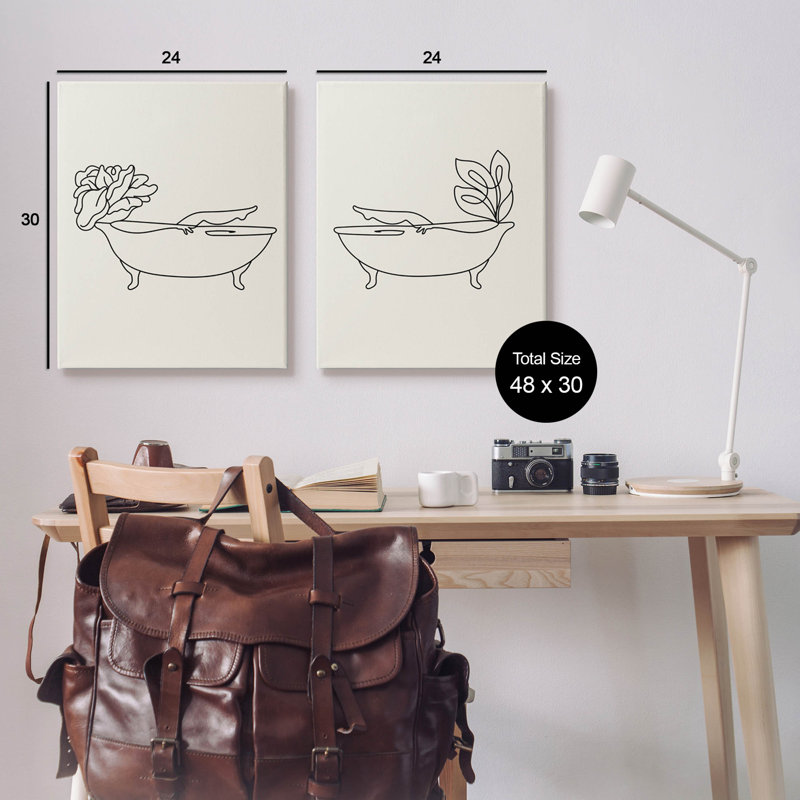 «Floral Bathaign Relaxing Doodle», ensemble de 2 plaques murales par Daphne Polselli, H 30 po x l 48 po x P 1,5 po