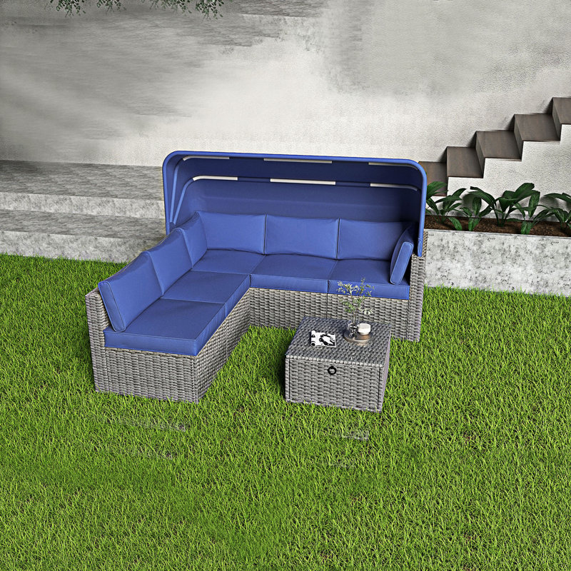 6 Pieces Outdoor Sectional Sofa Set with Adjustable Backrest, Antique Blue