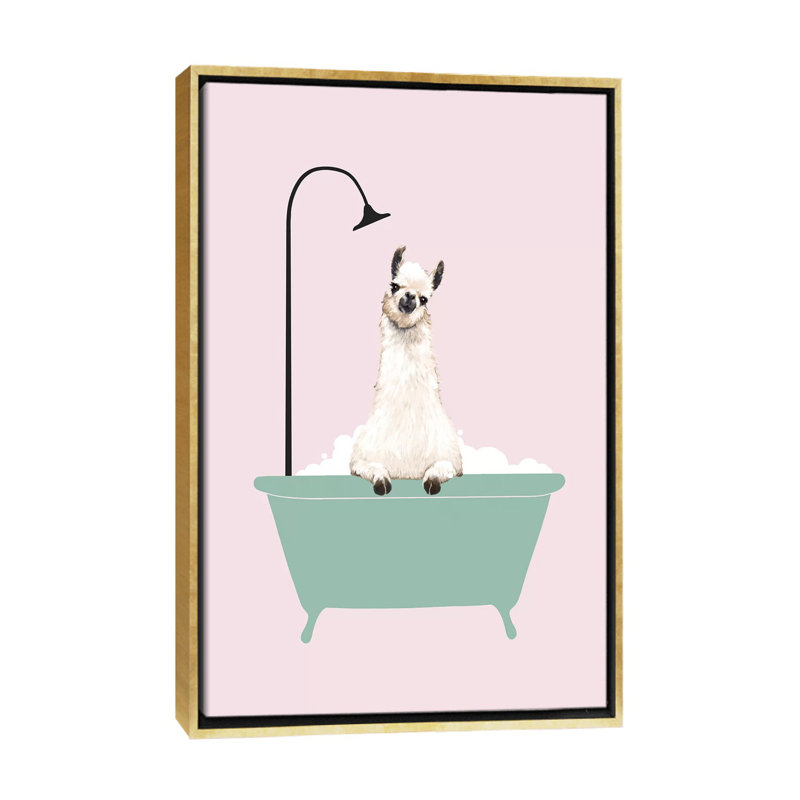 Lama profitant d'un bain moussant, Toile encadrée d'or, H 40 po x l 26 po x P 1,5 po
