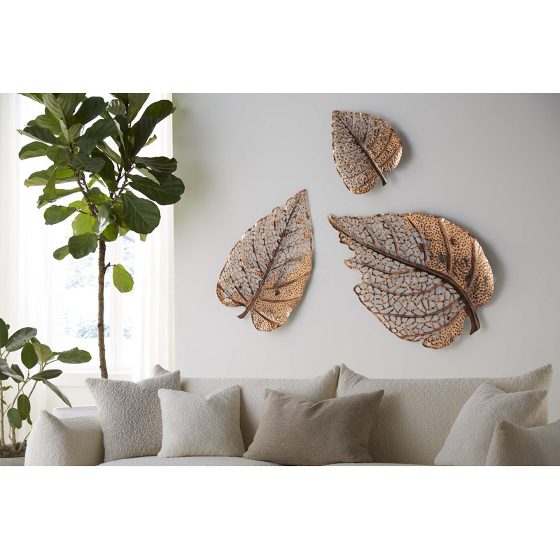Feuille de bouleau, art mural, argent, Ambre, H 19 po x l 30 po x P 2 po