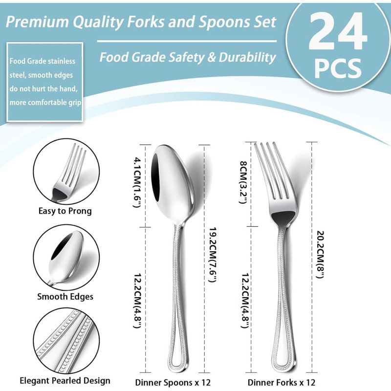  Food Grade Stainless Steel With Pearl Dot Design Handle Silverware Set, 24 Pcs Spoons And Forks Set, Mirror Polished Dishwasher Safe, Silverware Forks And Spoons For Home Or Restaurant