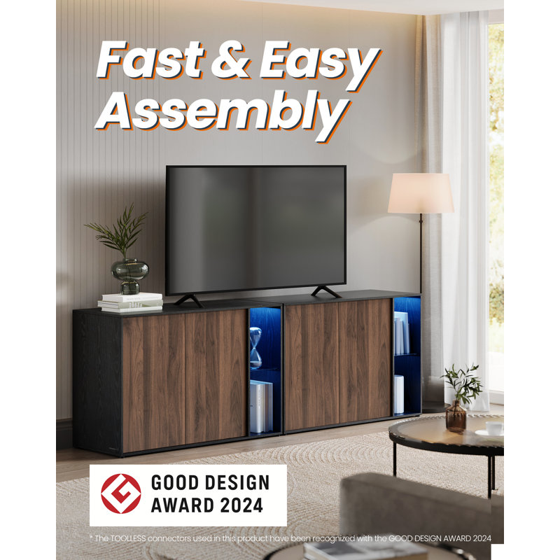 SONGMICS HOME Walery Superfast Toolless Assembly Cabinet With Lighting And Glass Shelf, Ink Black/Natural Walnut 