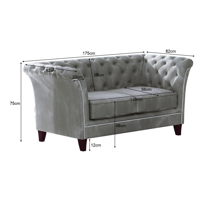 Chesterfield  Sofa 2 Seater Made of Velvet Fabric with Solid Wood Legs, Grey